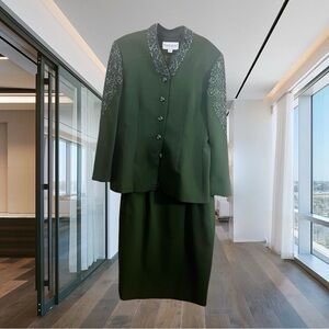 John Meyer of Norwich Pine Green Power Dress Suit w/ Beading Size 10 Petite
